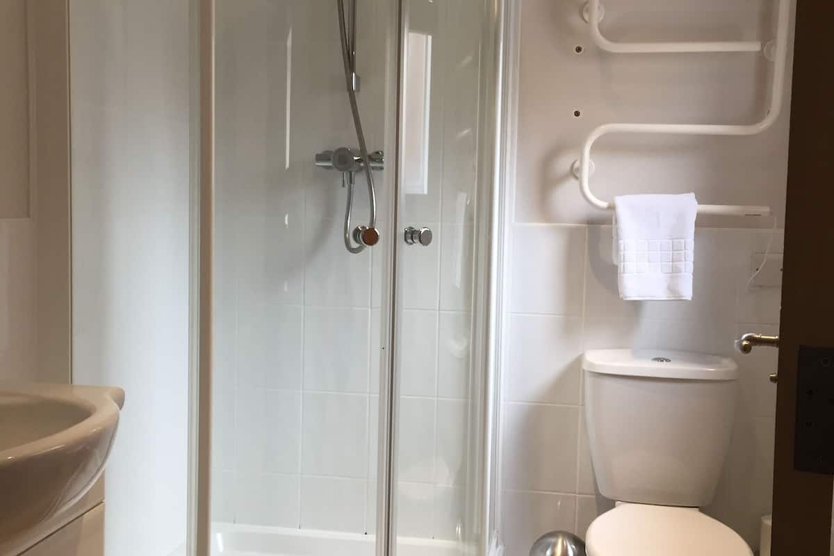 shower, free toiletries, hair dryer, towels