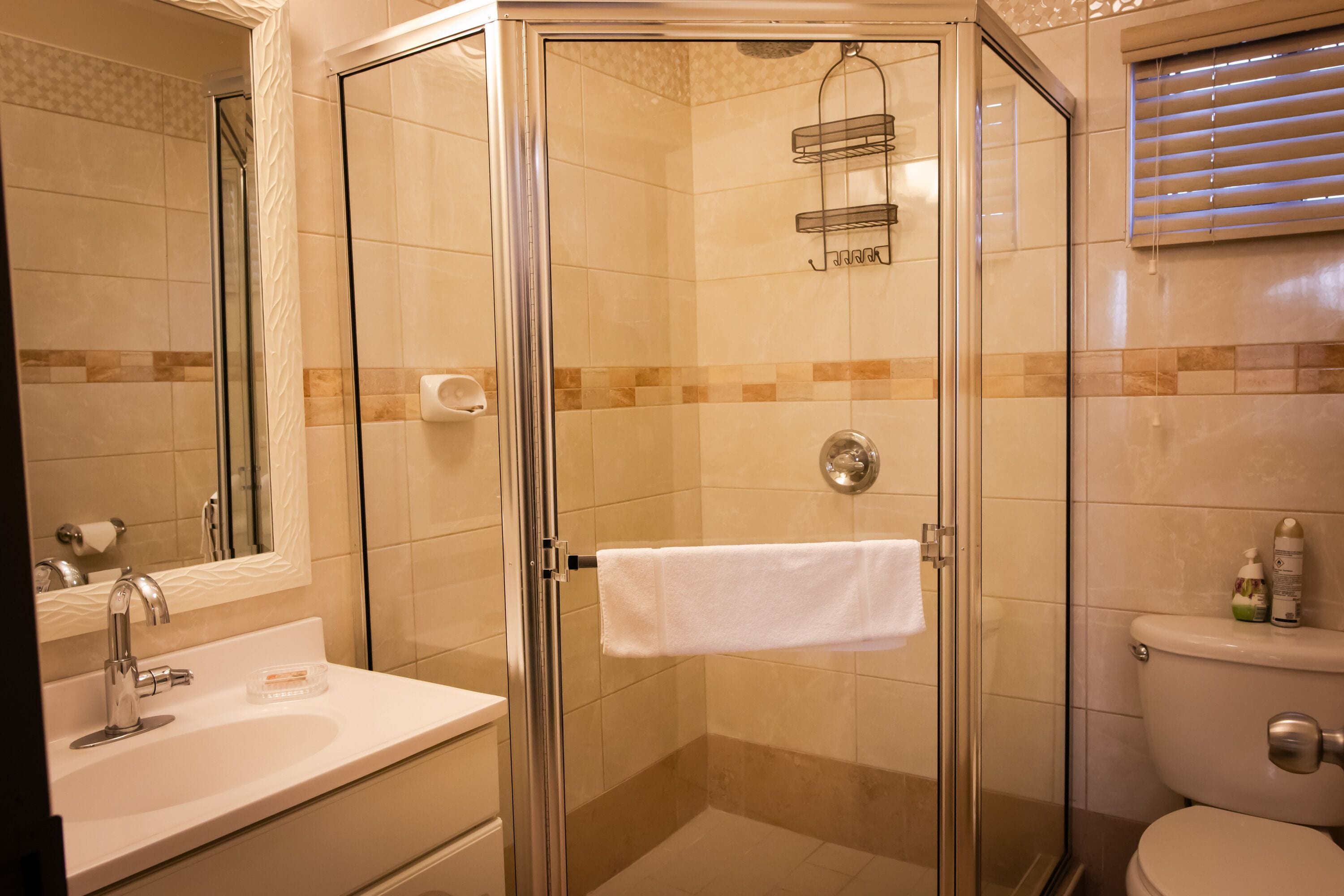 A bathroom with a glass-enclosed shower, a sink with a mirror, and a toilet.