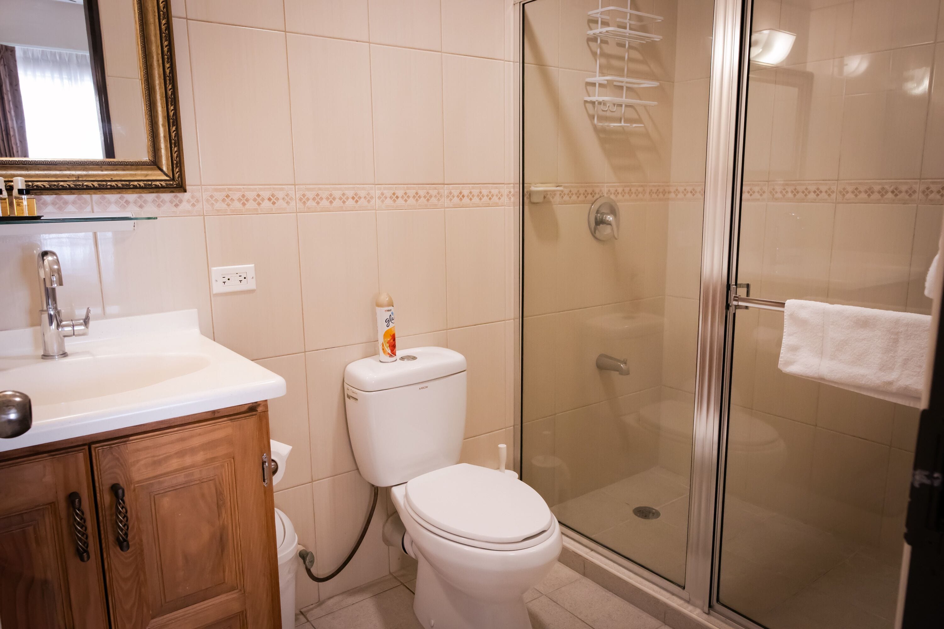 Ein Badezimmer mit Toilette, Waschbecken und Duschkabine.