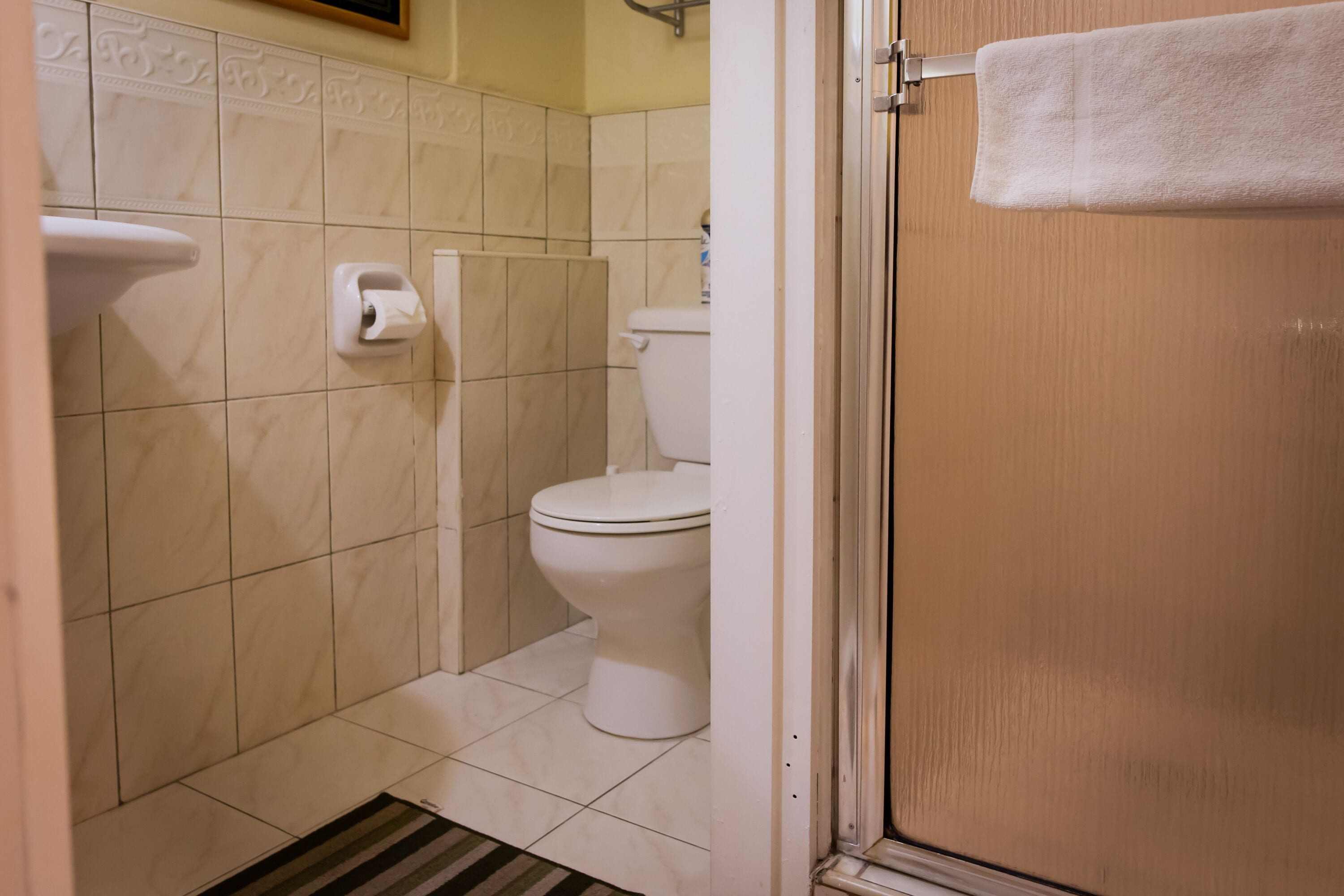 Un baño con un inodoro, dispensador de toallas de papel y una toalla colgada en la puerta.