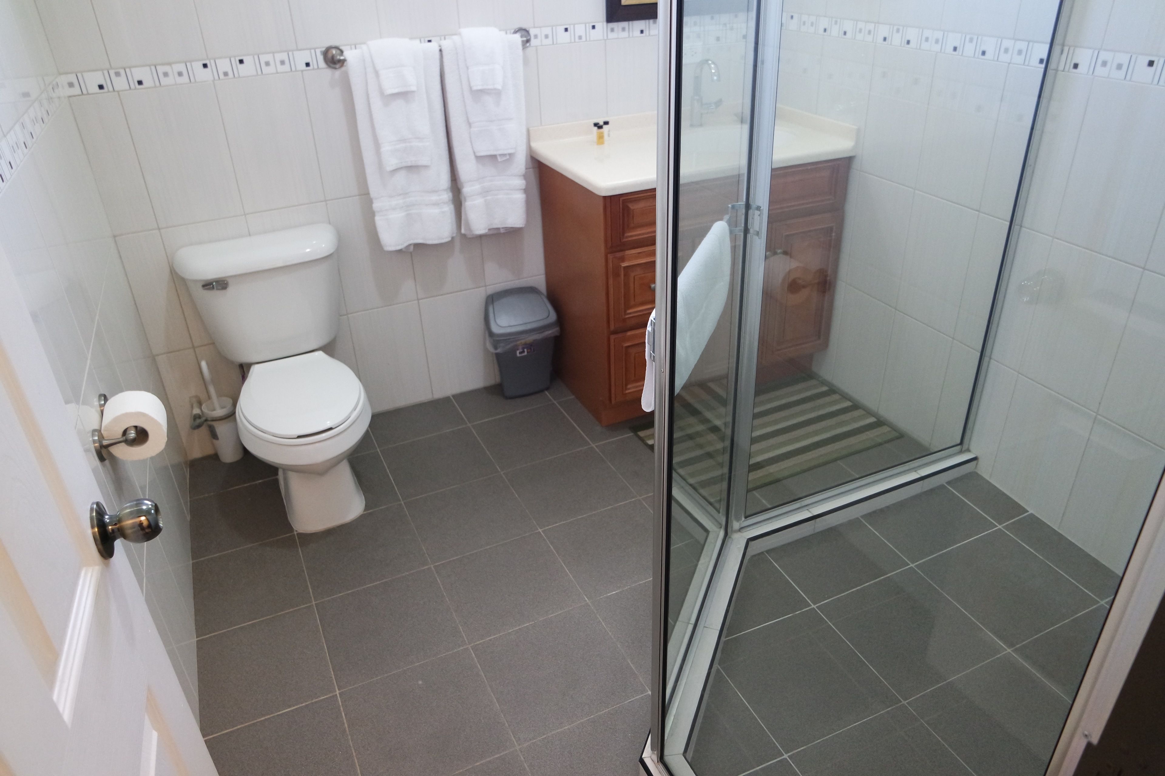A bathroom with a toilet, a sink, a mirror, and a shower area.