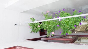 A window with a white curtain rod holding purple flowers. - White Lion House (Da Nang)