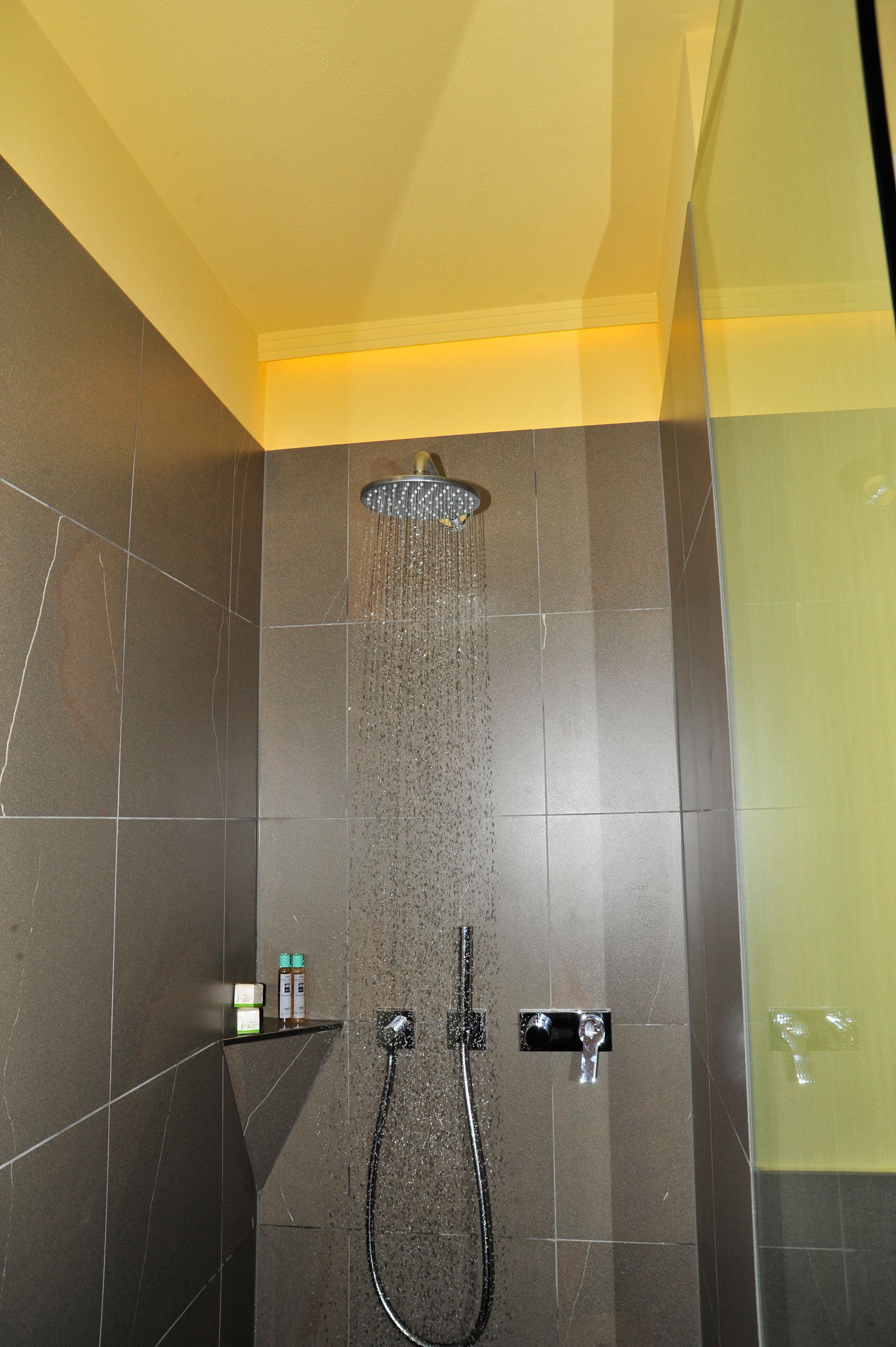 A shower with a handheld showerhead and a wall-mounted faucet.