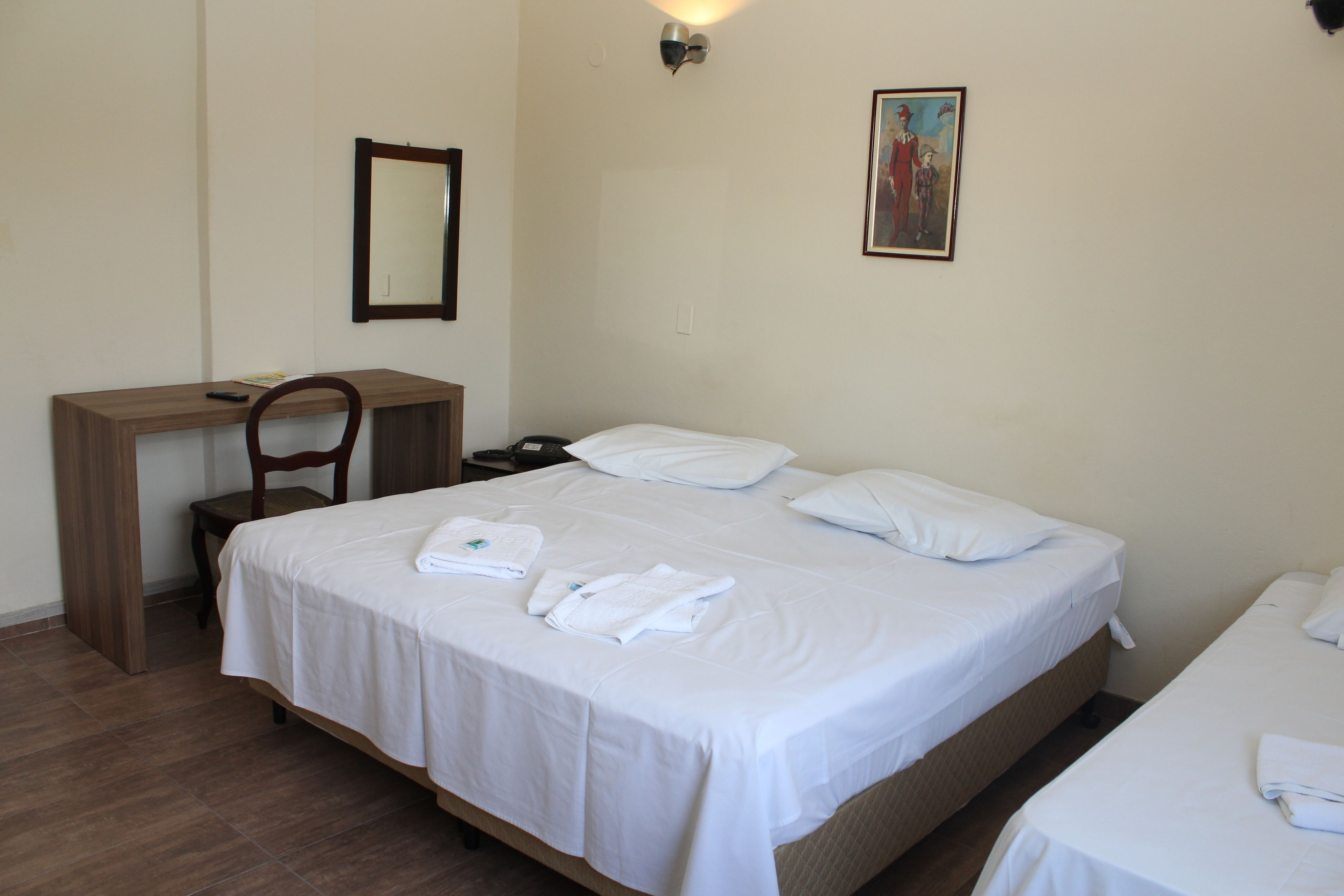 A hotel room with a single bed, a desk, and a chair.