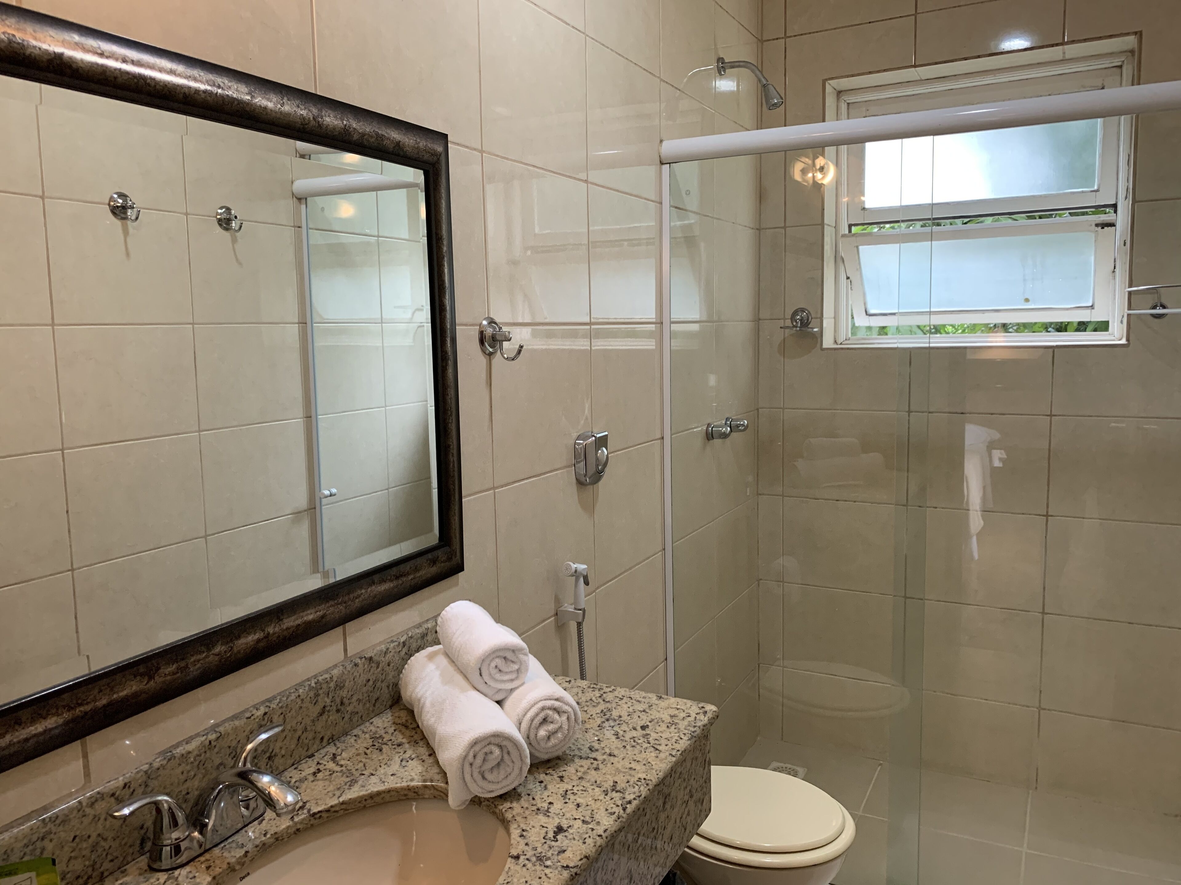 shower, free toiletries, hair dryer, towels