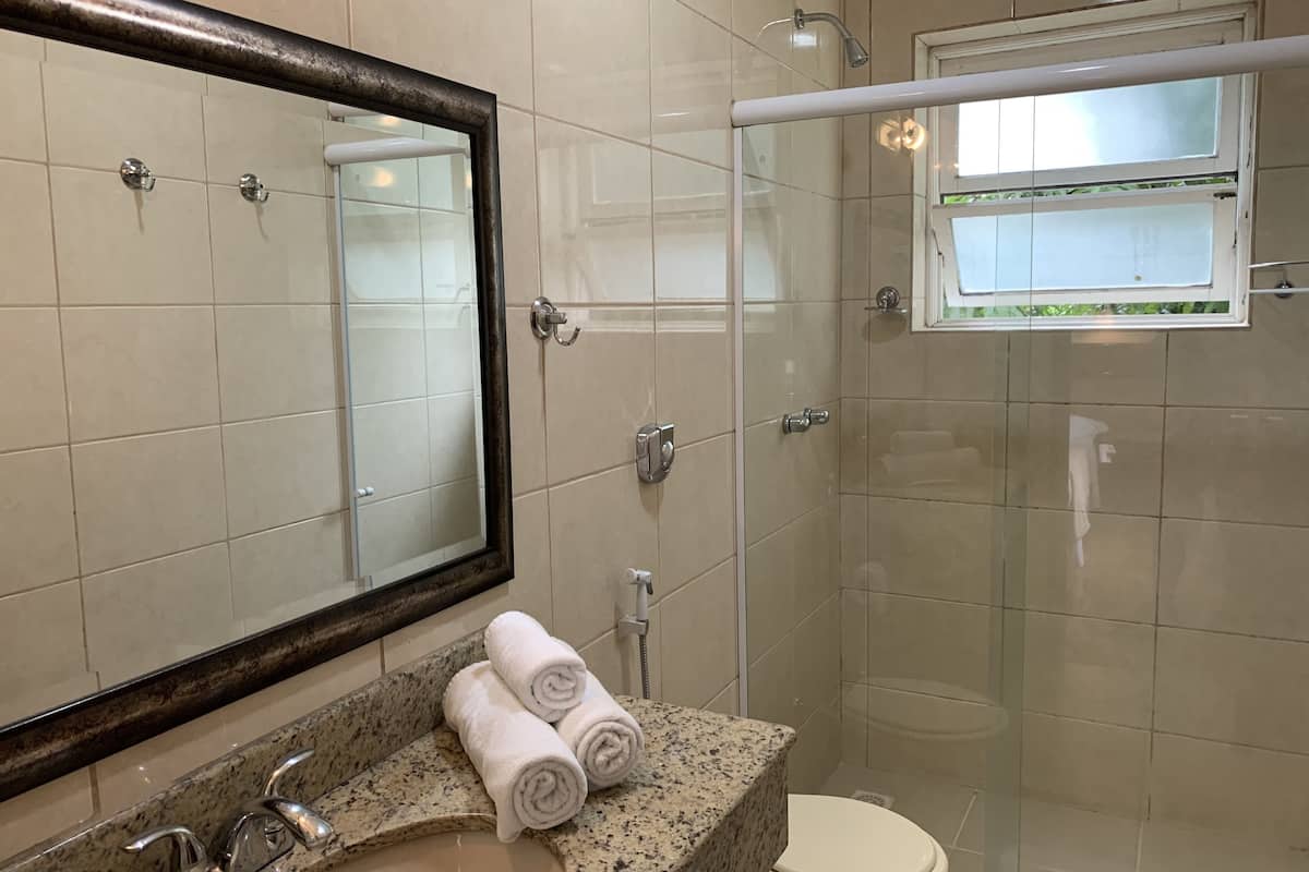 shower, free toiletries, hair dryer, towels