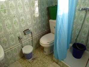 A bathroom with a toilet, a bidet, a trash bin, and a shower area. - Parent house (Hammamet)