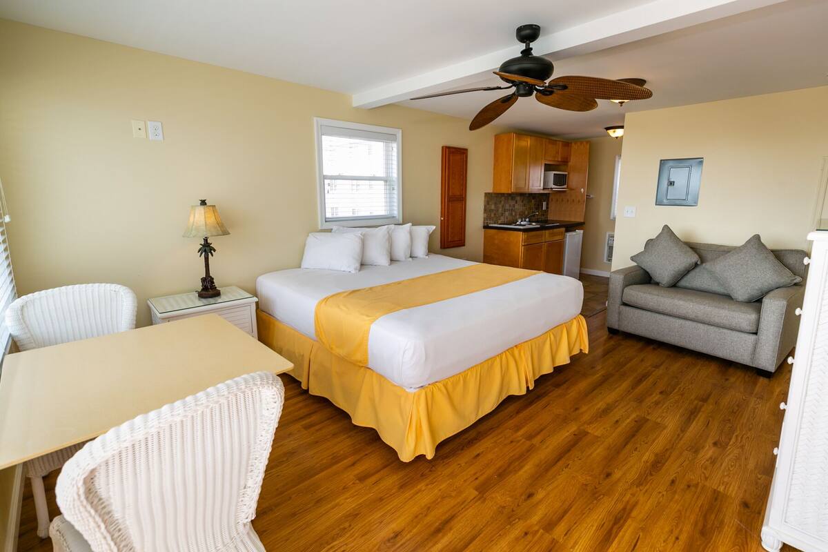 A hotel room with a bed, a desk, a chair, a sofa, a kitchenette, and a ceiling fan.
