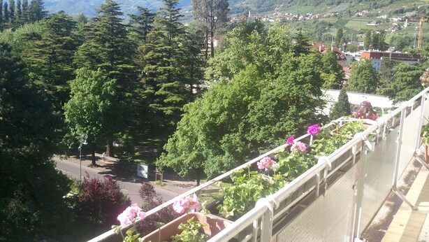 A balcony with a view of a mountainous landscape, a road, and a village below. - Hotel Garni Lux (Merano)