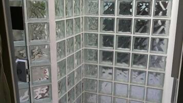 Shower, free toiletries, hair dryer, towels