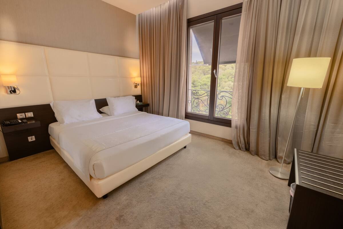 A hotel room with a large bed, a nightstand, a lamp, and a view of greenery through the window.