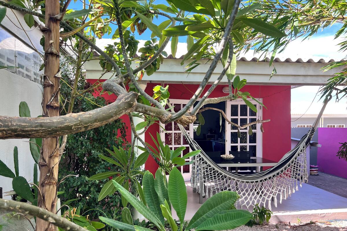 A hammock tied between two trees in a garden area with a red building in the background.