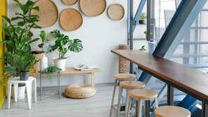 A modern interior with a wooden bar, round woven wall decorations, and potted plants. - Whereder Poshtel - Hostel (Udon Thani)