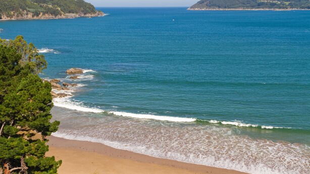 Una playa con agua azul cristalina, orilla arenosa y colinas verdes al fondo.