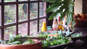 Een keuken met uitzicht door het raam, diverse keukengerei en potplanten.