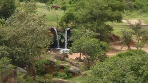 Een waterval omringd door bomen en rotsen.