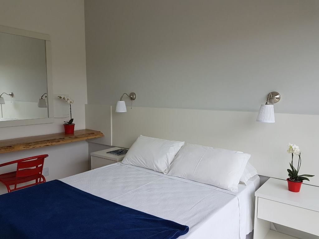 A hotel room with a bed, a desk, a chair, a mirror, and a small potted plant.