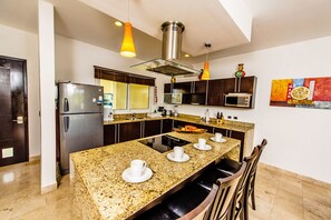 Kattohuoneisto, 2 makuuhuonetta, terassi | Yksityinen keittiö | Täysikokoinen jääkaappi, mikroaaltouuni, uuni, liesi