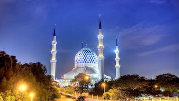 A mosque with a large central dome and four minarets, surrounded by trees and streetlights.