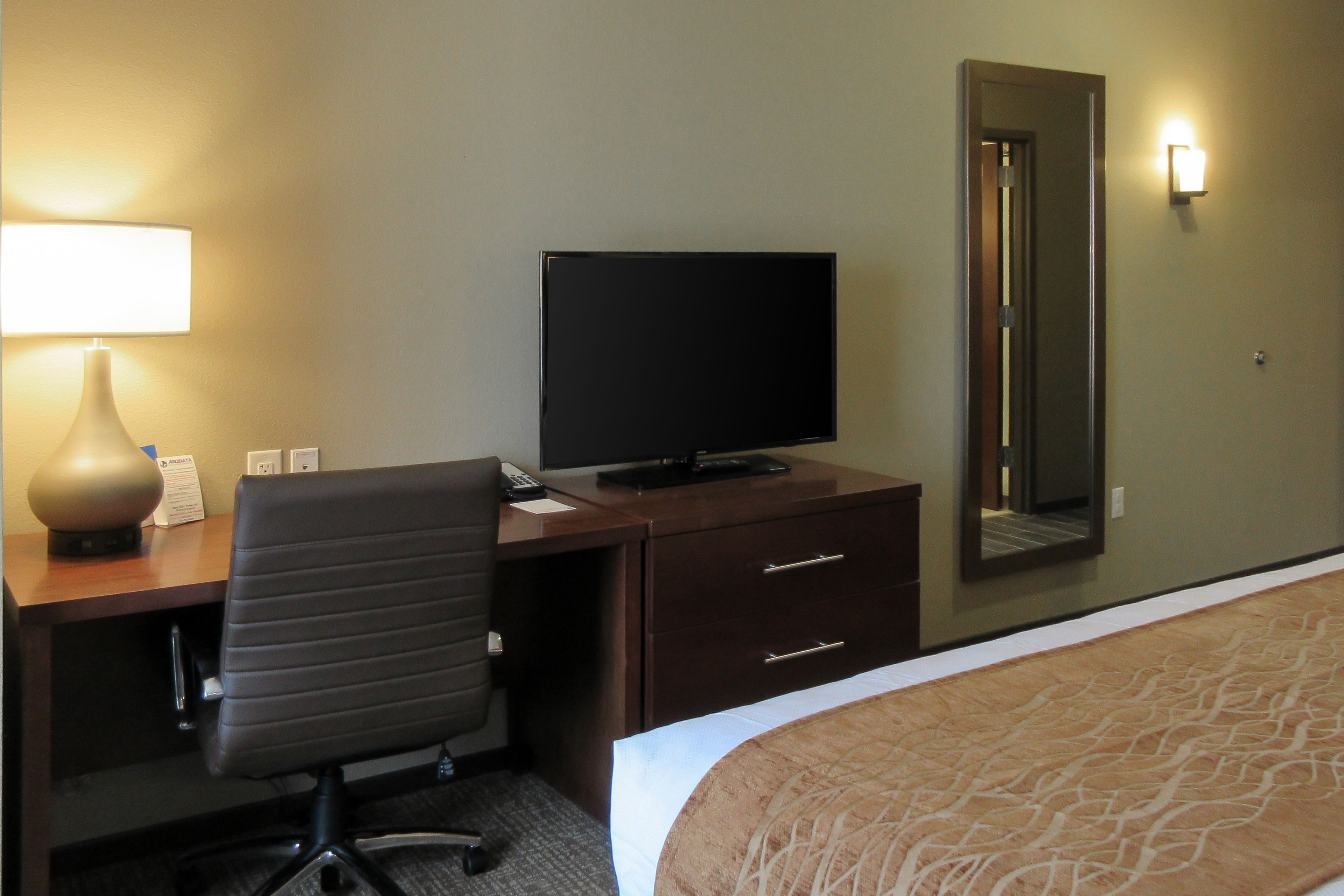 A hotel room with a desk, chair, television, and a bed.
