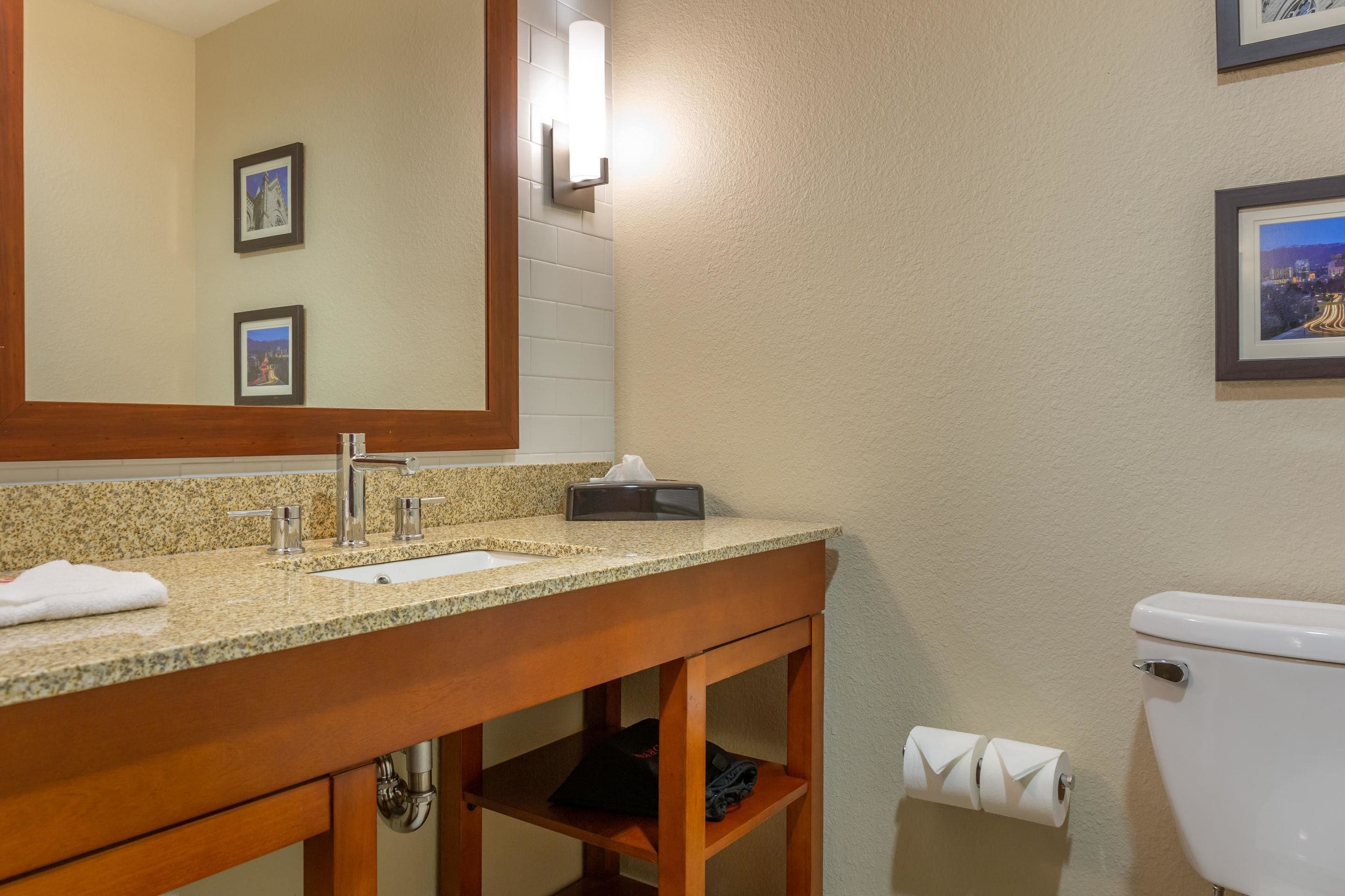 Une salle de bain avec un lavabo à vasque en granit, un meuble-lavabo en bois, un grand miroir, des toilettes et des tableaux encadrés accrochés au mur.