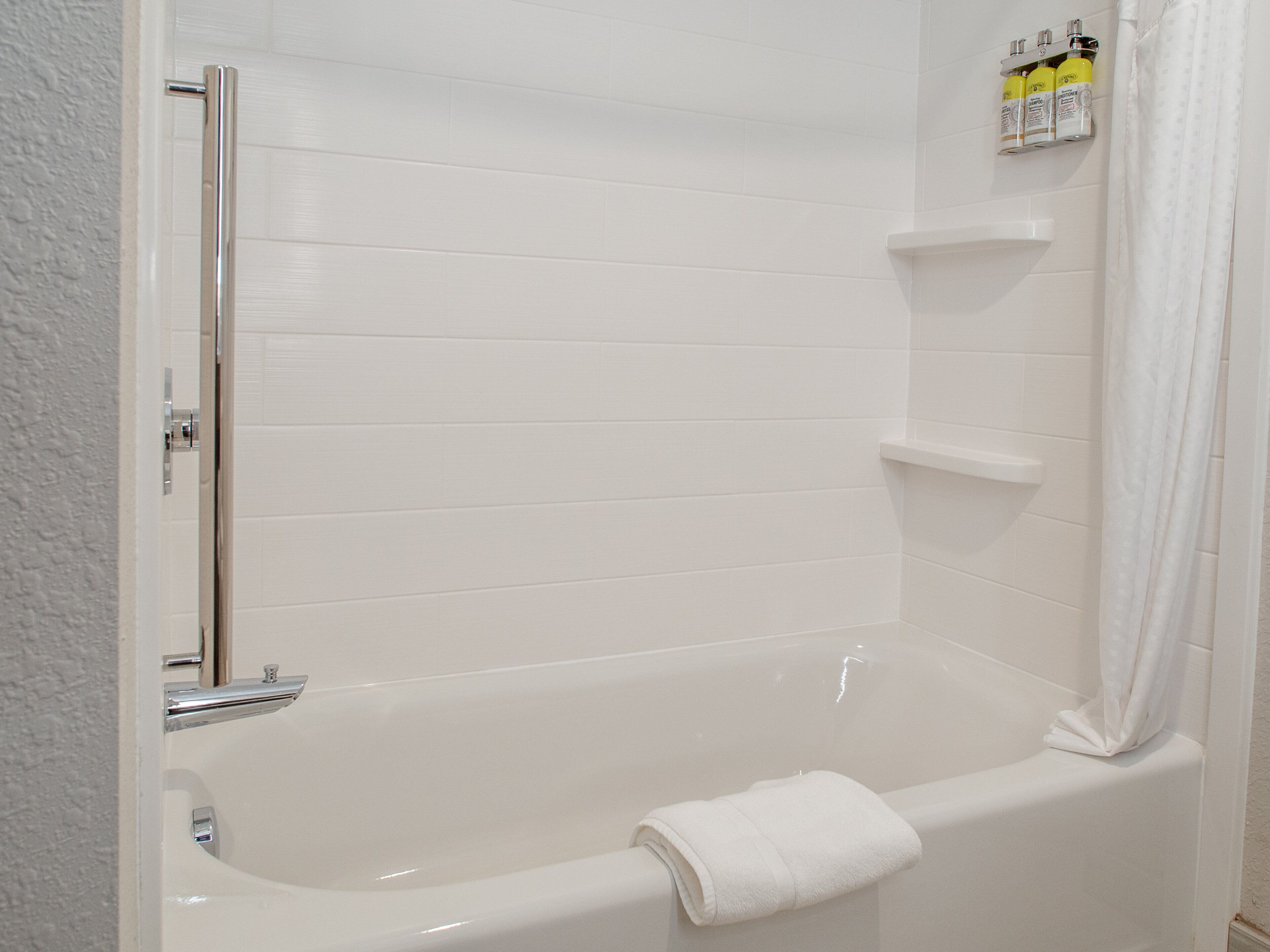 hair dryer, towels, soap, shampoo