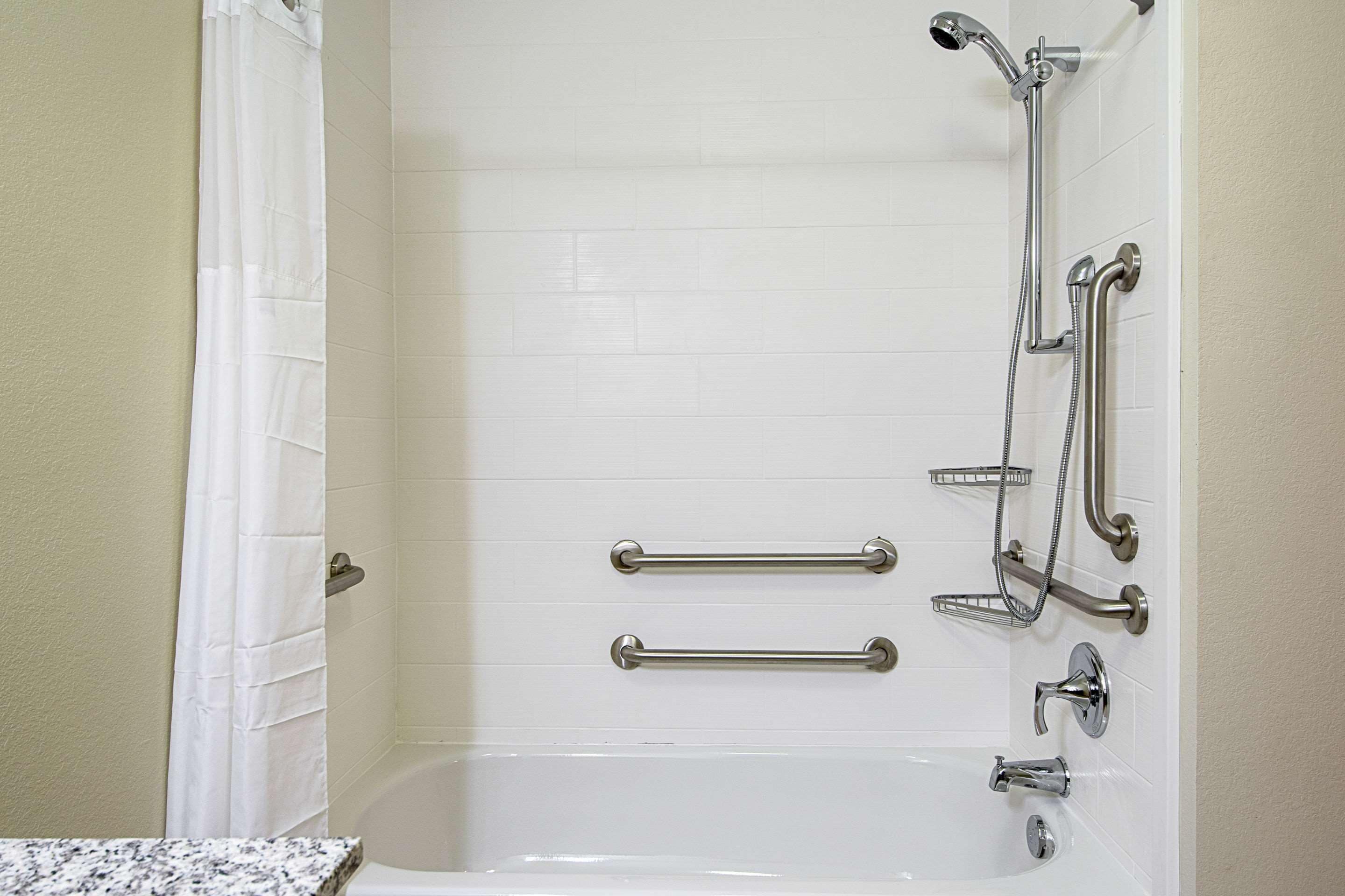 hypo-allergenic bedding, desk, blackout curtains, iron/ironing board