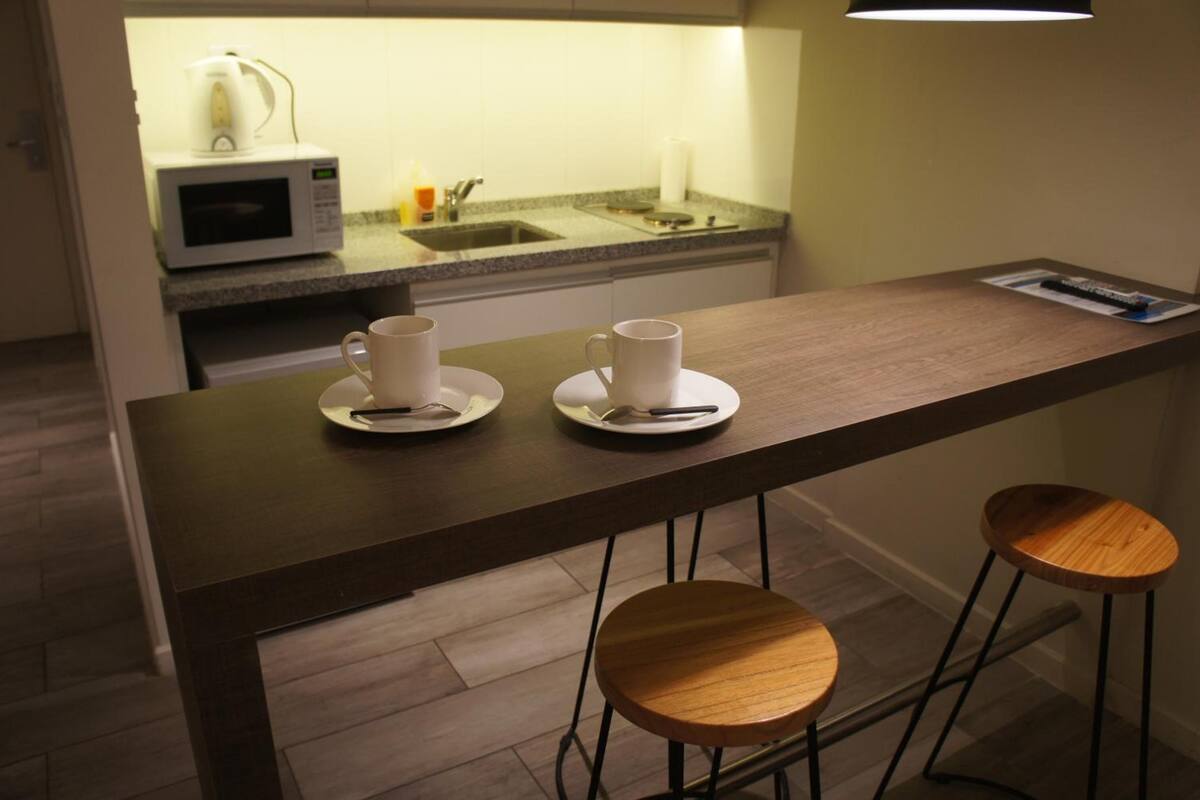 fridge, microwave, coffee/tea maker, electric kettle