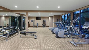 Une salle de sport équipée de tapis de course, de vélos elliptiques et de poids libres.