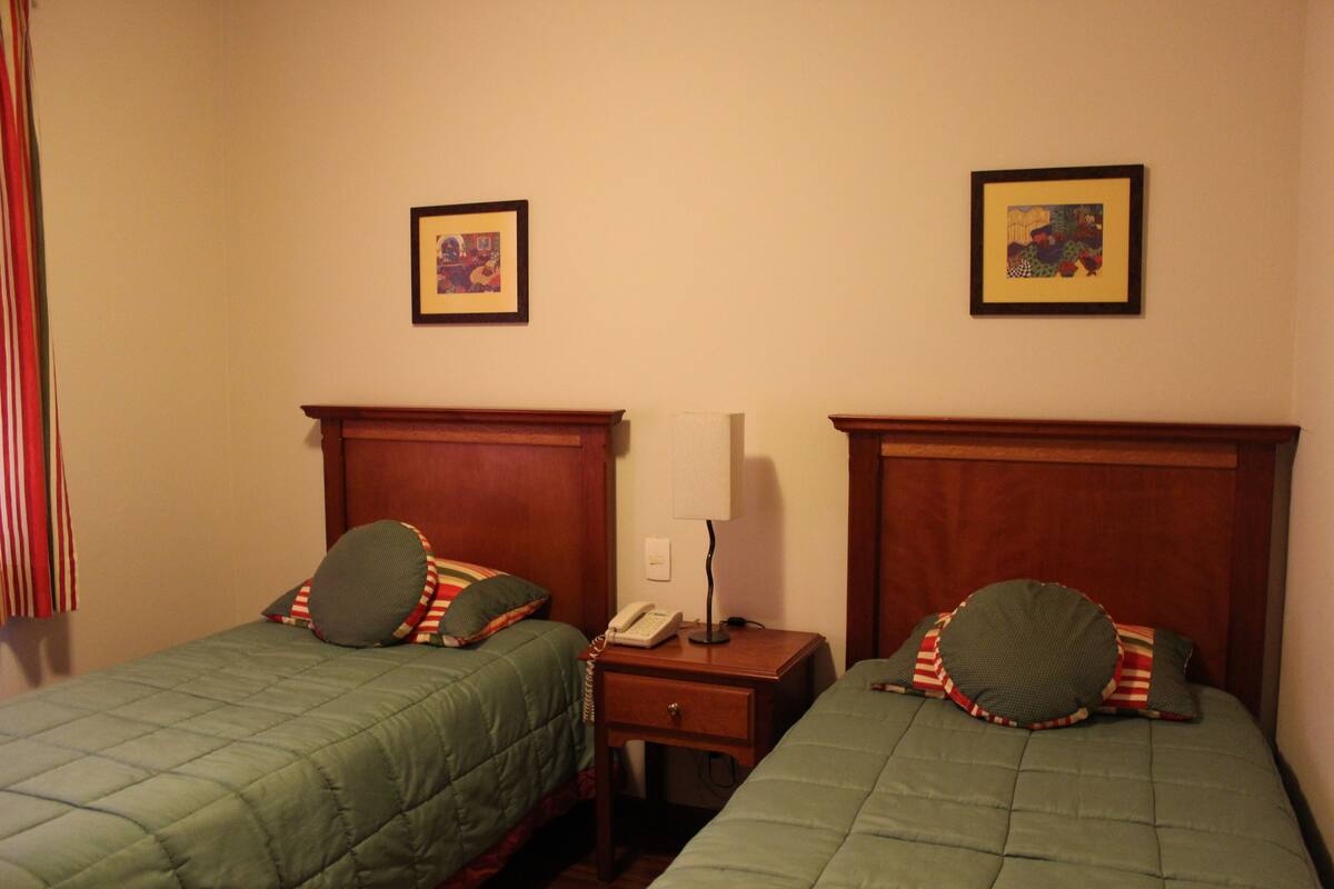 A hotel room with two single beds, each with a green quilt and striped pillows. There is a nightstand with a lamp and a telephone between the beds.
