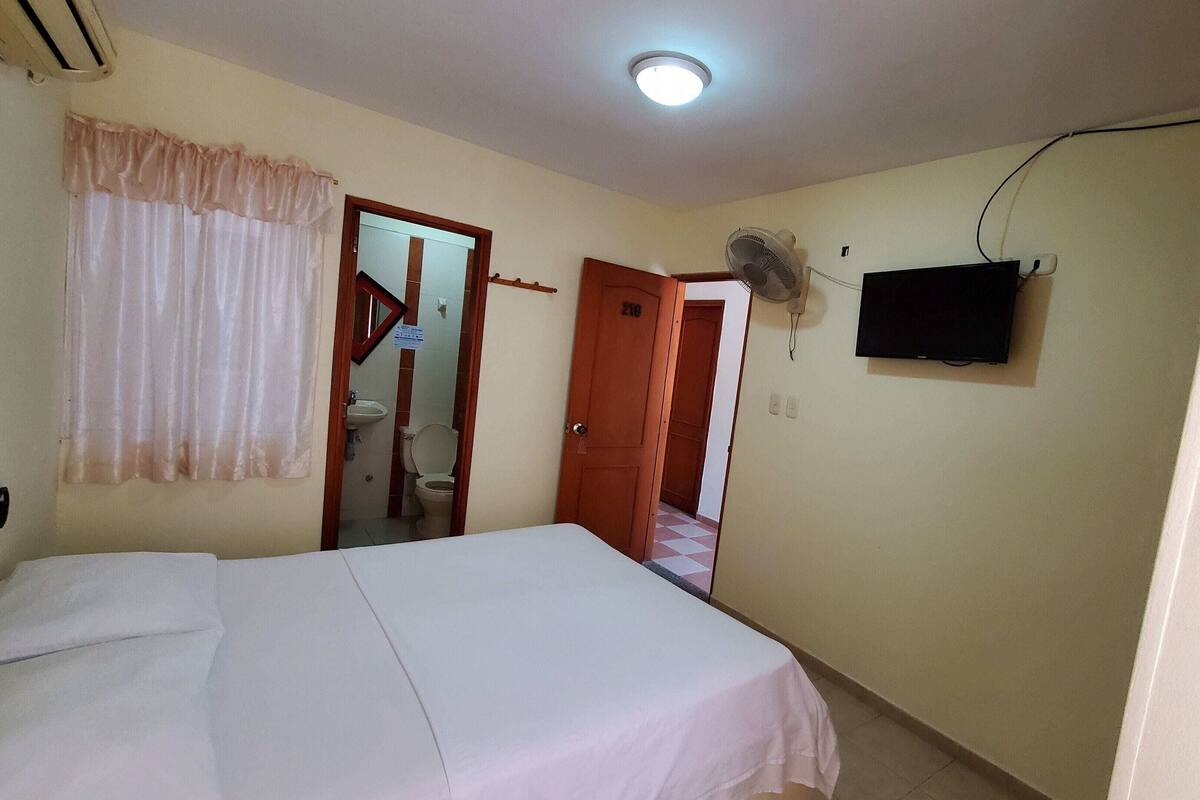 Un dormitorio con cama, ventilador de techo, televisor y baño visible a través de una puerta abierta.