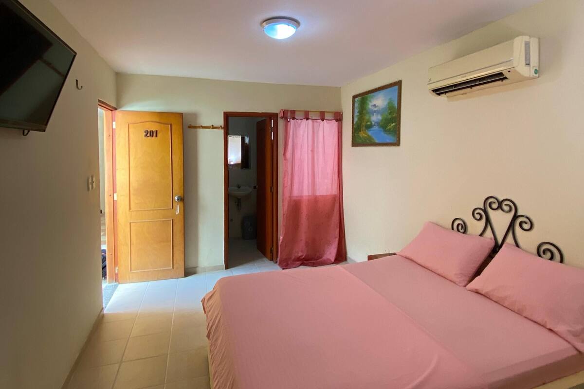 Un dormitorio con cama, aire acondicionado, televisor montado en la pared y una puerta que da a otra habitación.