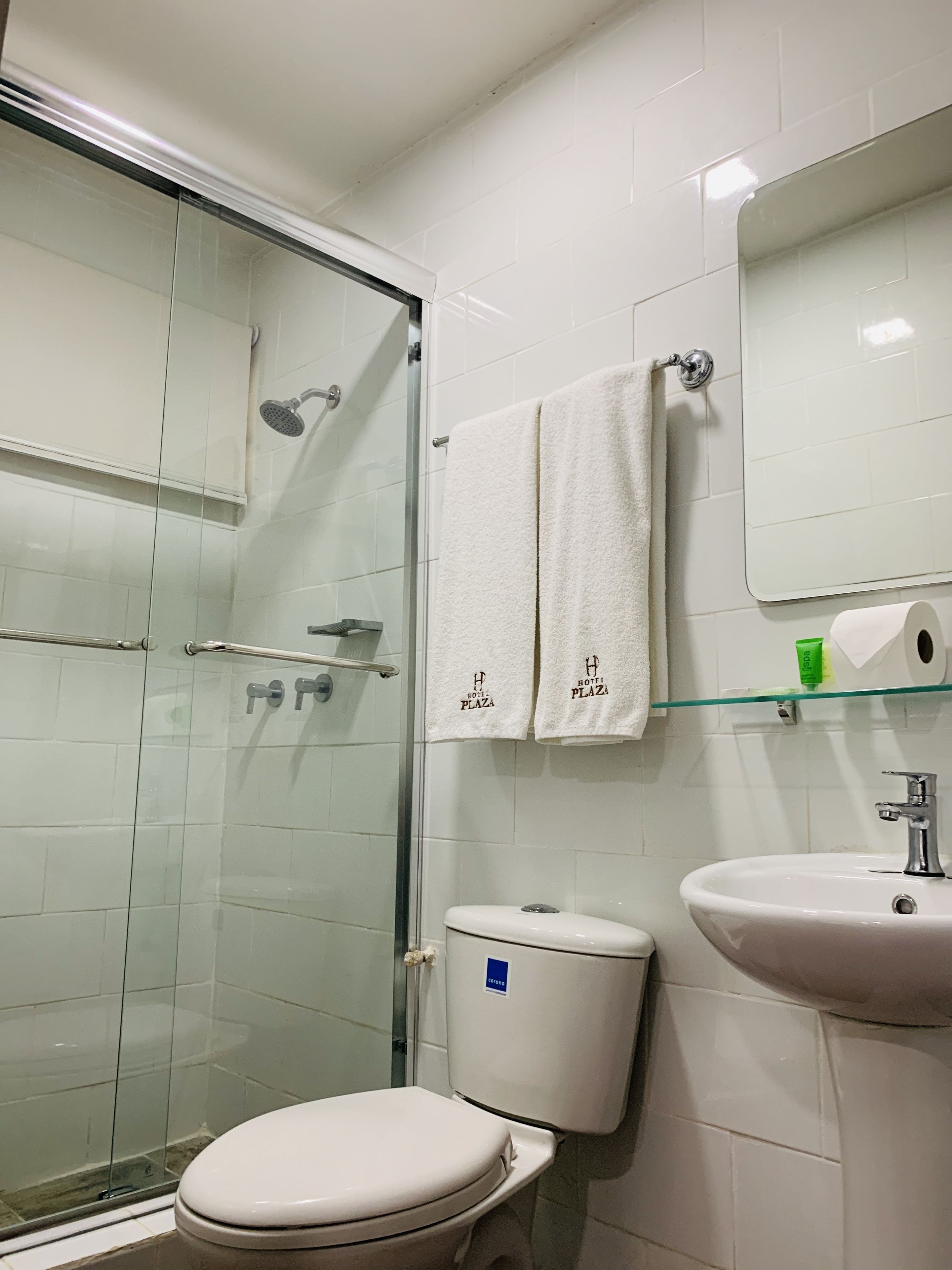 A bathroom with a glass-enclosed shower, a toilet, and a sink.