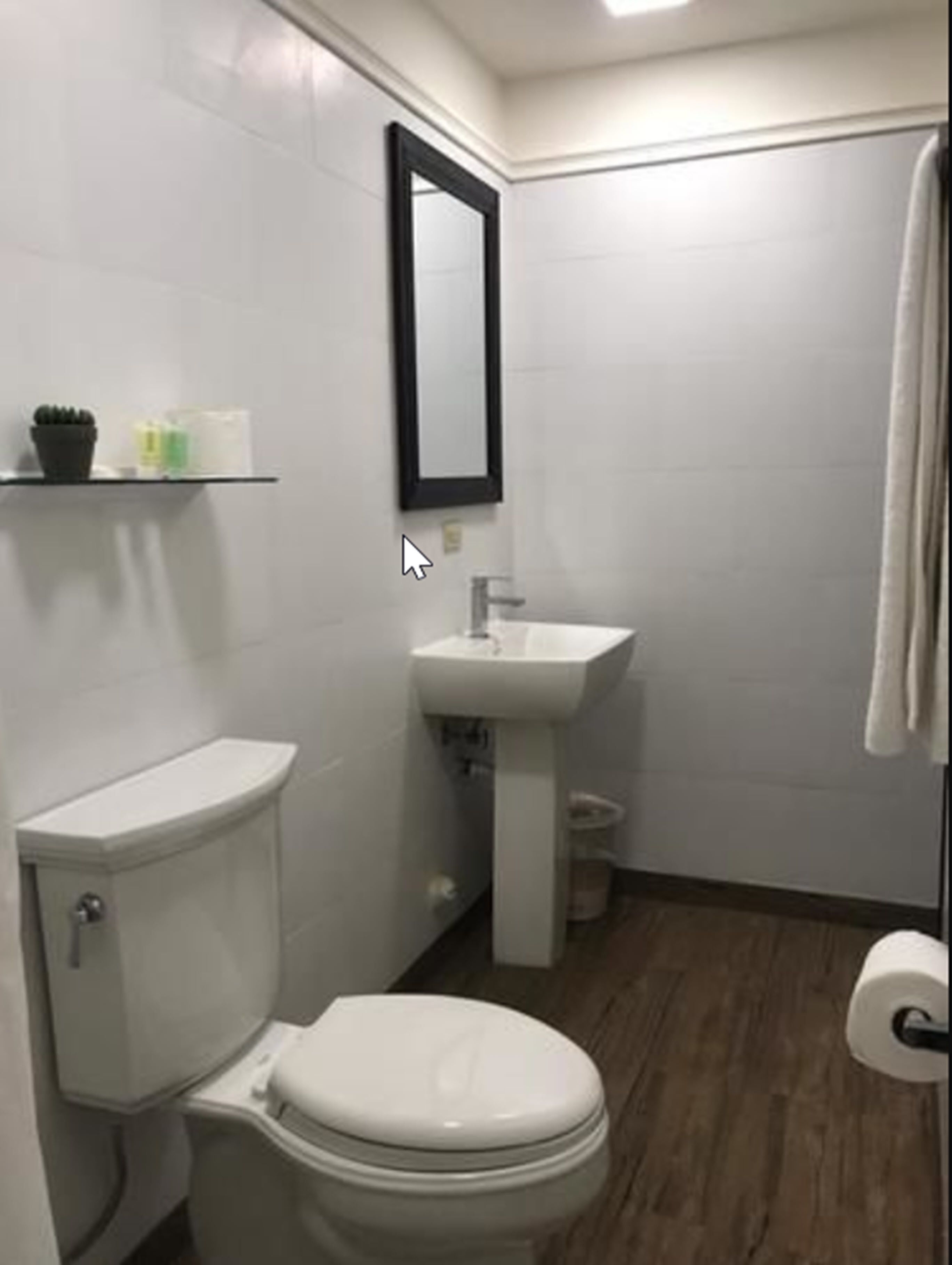 A small, clean bathroom with a toilet, sink, and mirror.