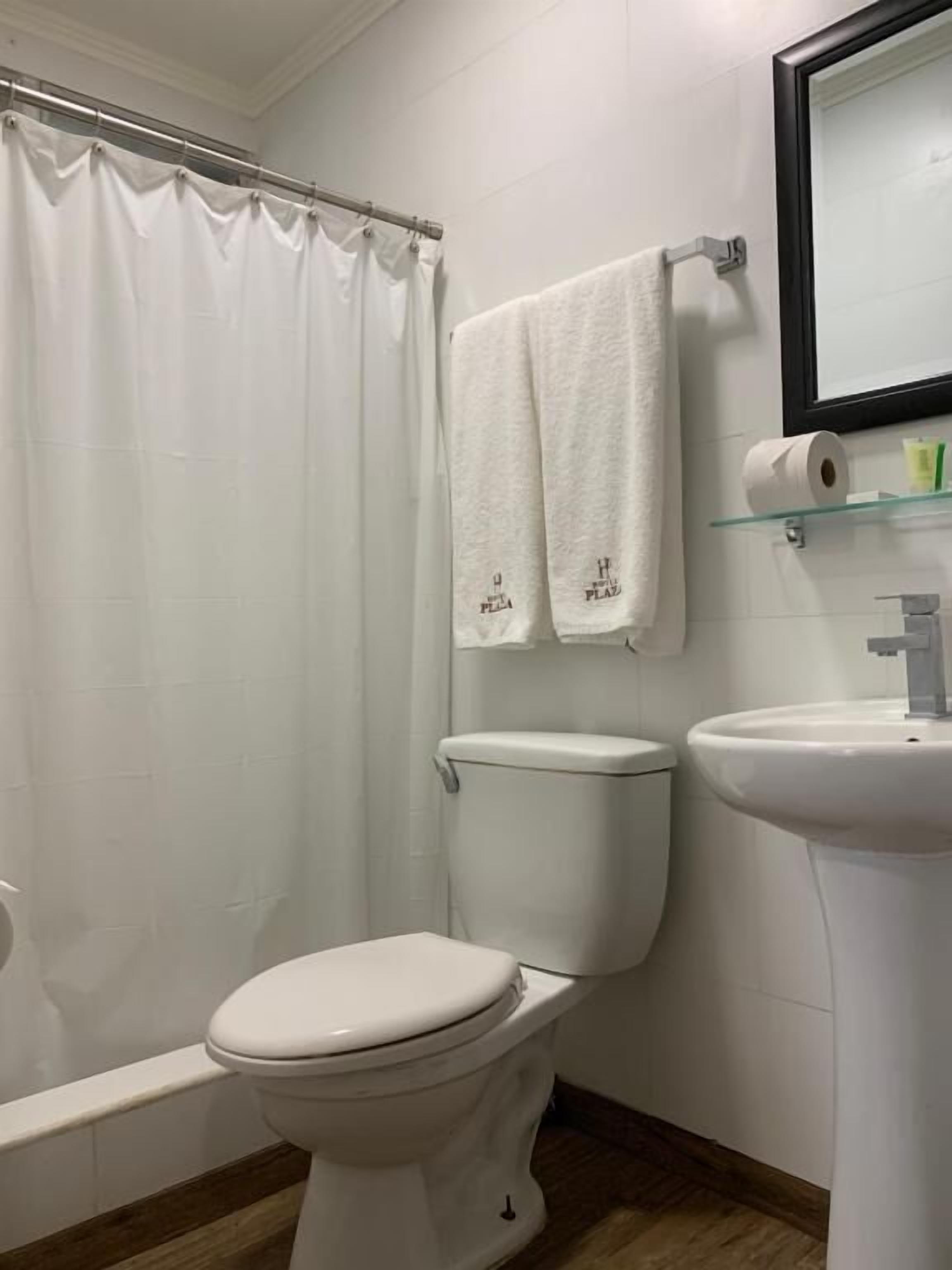 Une salle de bain avec des toilettes, un lavabo et un rideau de douche.