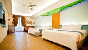 A hotel room with two beds, a ceiling fan, a desk with a chair, and a window with curtains. - Millennium Inn (Hengchun)