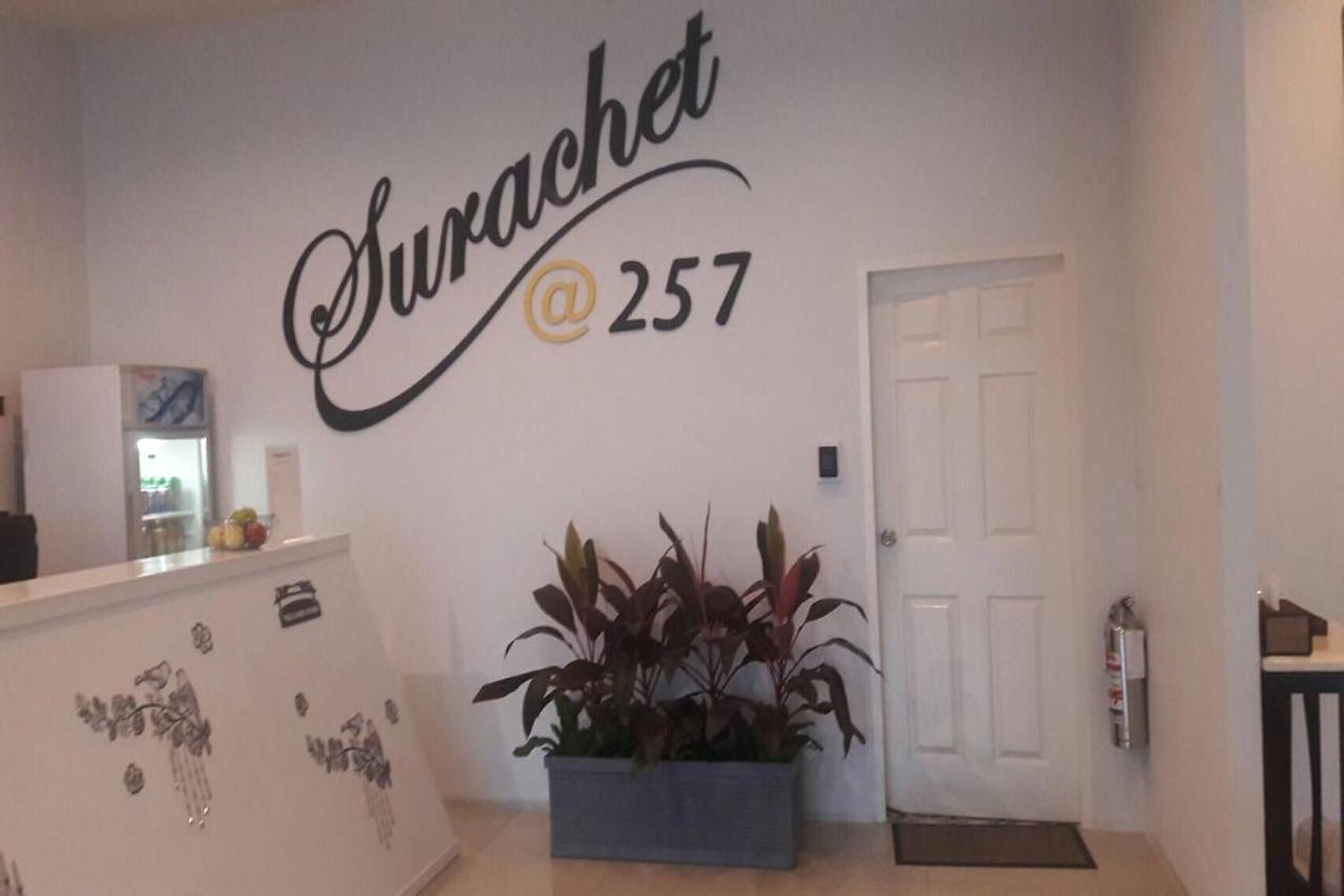 Zona de recepción con un letrero en la pared que dice "Swarachet @ 257" y una planta en maceta.