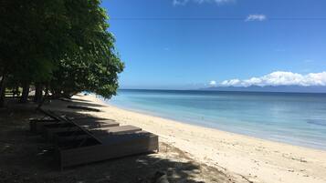 Private beach, white sand, free beach shuttle, sun loungers