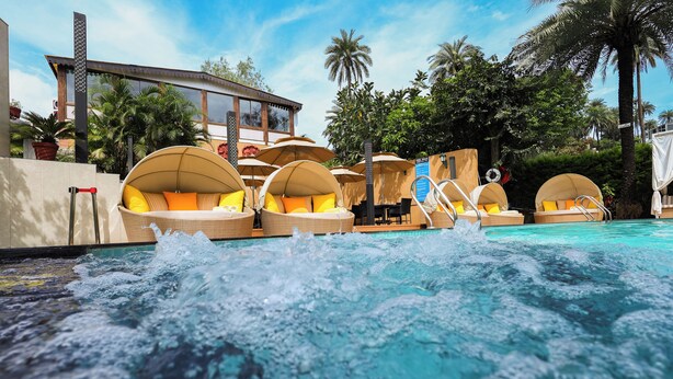 Zona de piscina con sillones y sombrillas, un edificio con amplios ventanales y palmeras al fondo.