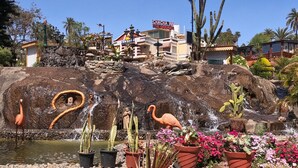 Un hotel con cascada de rocas, flamencos y plantas en macetas.