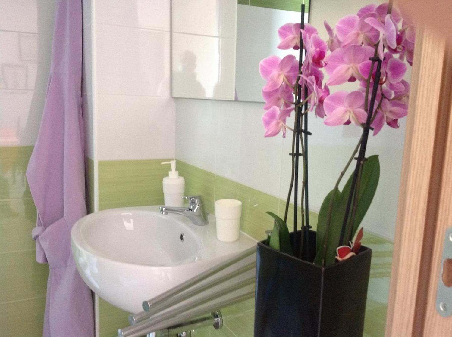 Un baño con un lavamanos blanco, un espejo, una toalla morada, un dispensador de jabón blanco y una orquídea en maceta.