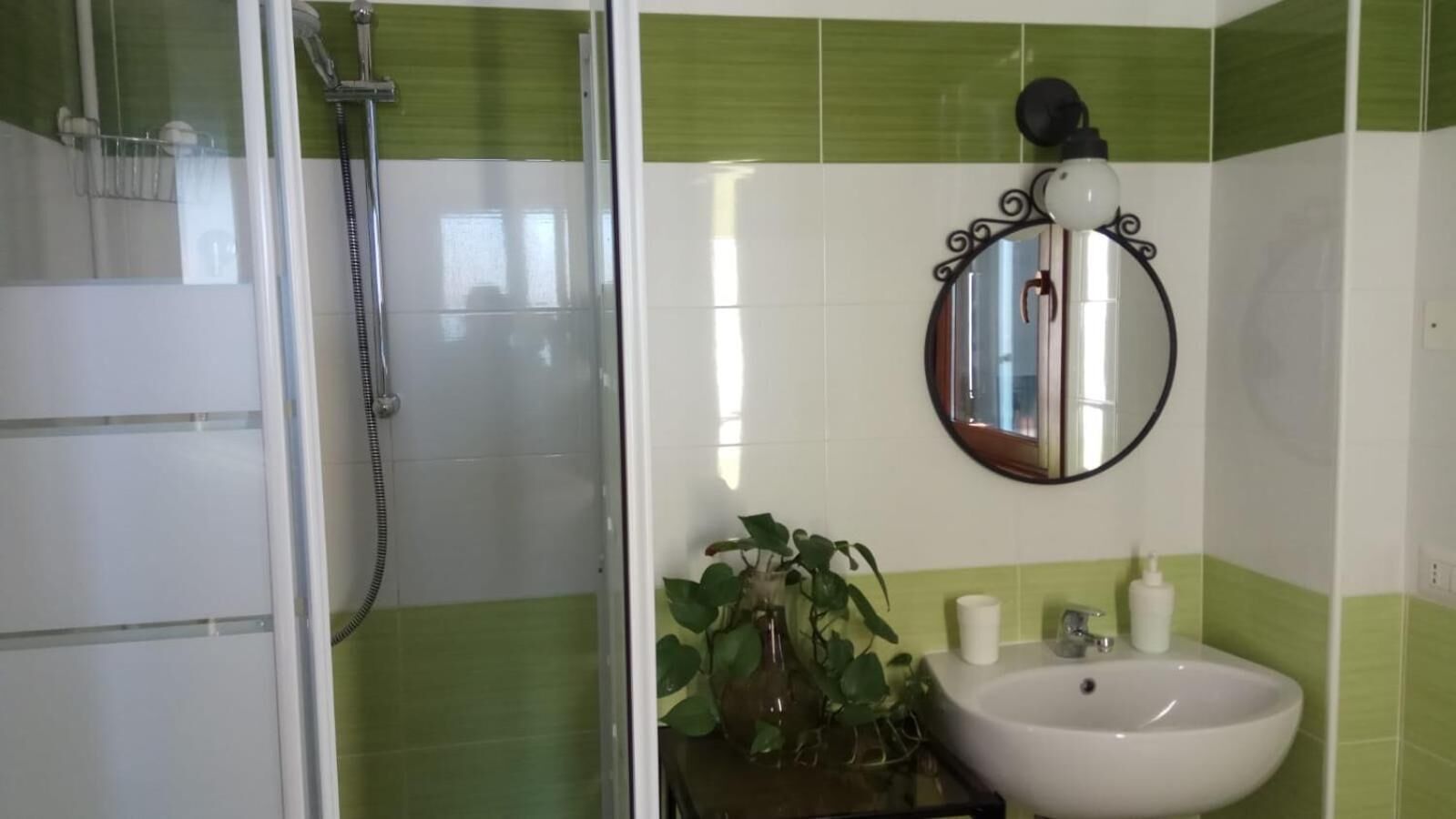 Un bany amb una dutxa de vidre, un lavabo amb mirall i una planta en test.