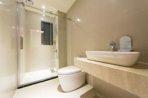 Shower, free toiletries, hair dryer, slippers