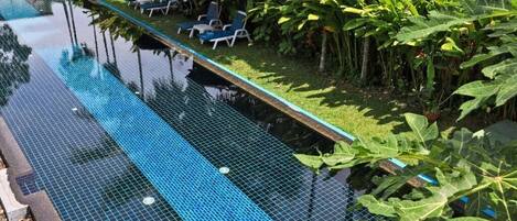 A swimming pool with a tiled edge, surrounded by lush greenery and lounge chairs.