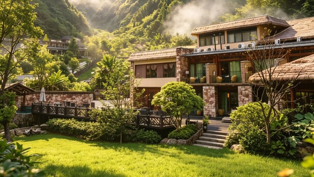 A hotel with a traditional architectural style, surrounded by lush greenery and mountains. - Pandora Vista Retreat  (Zhangjiajie)