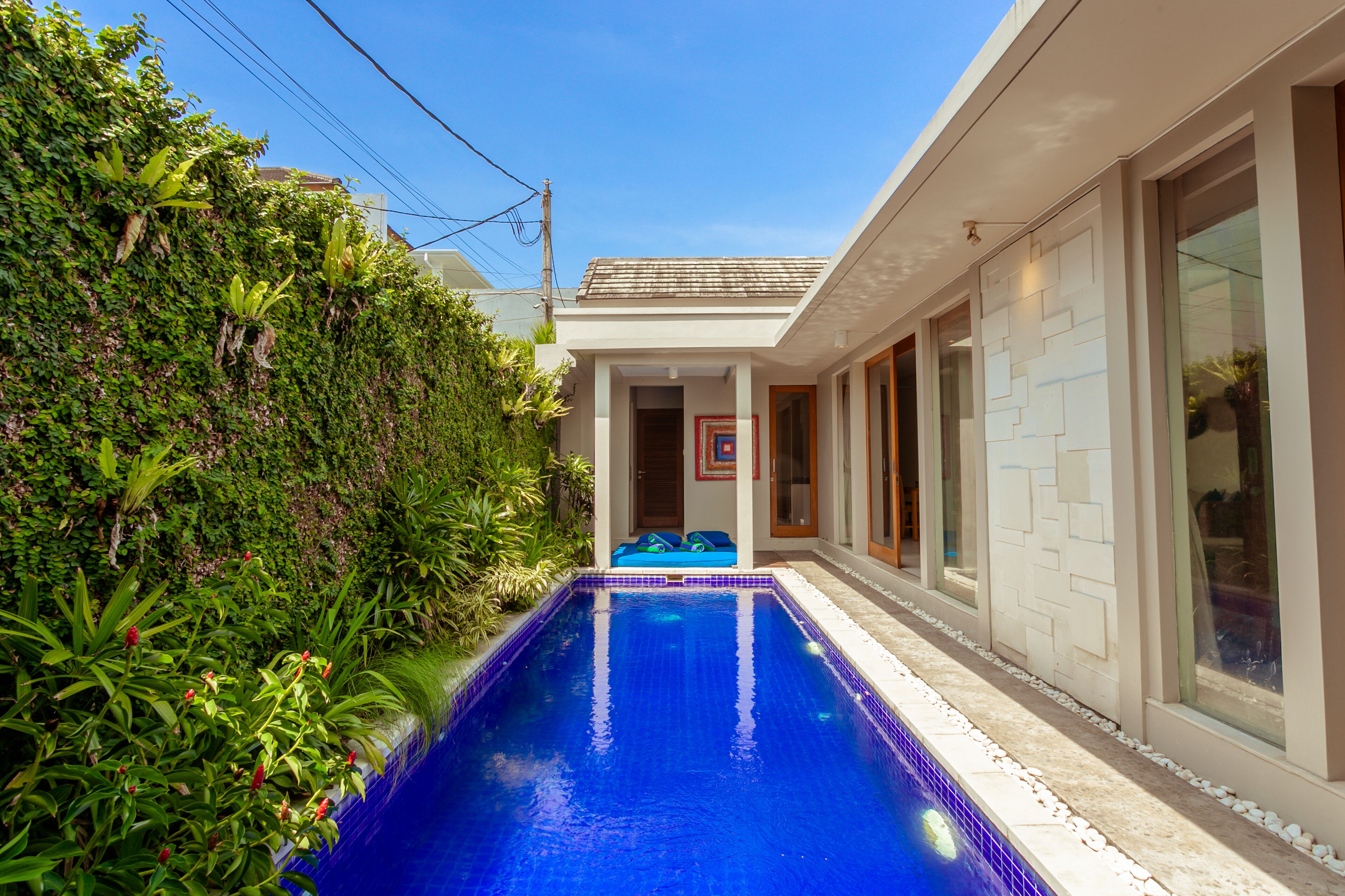 Une piscine dont le bord est revêtu de carrelage, entourée d’une végétation luxuriante et bordée d’une maison moderne dotée de grandes fenêtres.