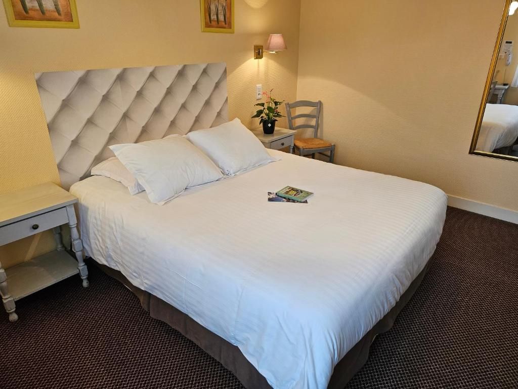 A hotel room with a large bed, a bedside table, a chair, a lamp, and a mirror.