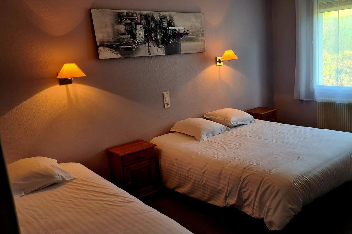 Een hotelkamer met twee bedden, een schilderij aan de muur en twee wandlampen.
