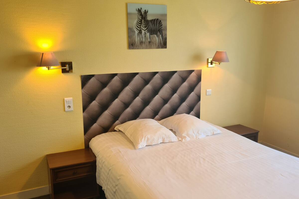 Een hotelkamer met een gestoffeerd hoofdeinde, twee bedlampen, een schilderij van een zebra aan de muur en een netjes opgemaakt bed met witte lakens.