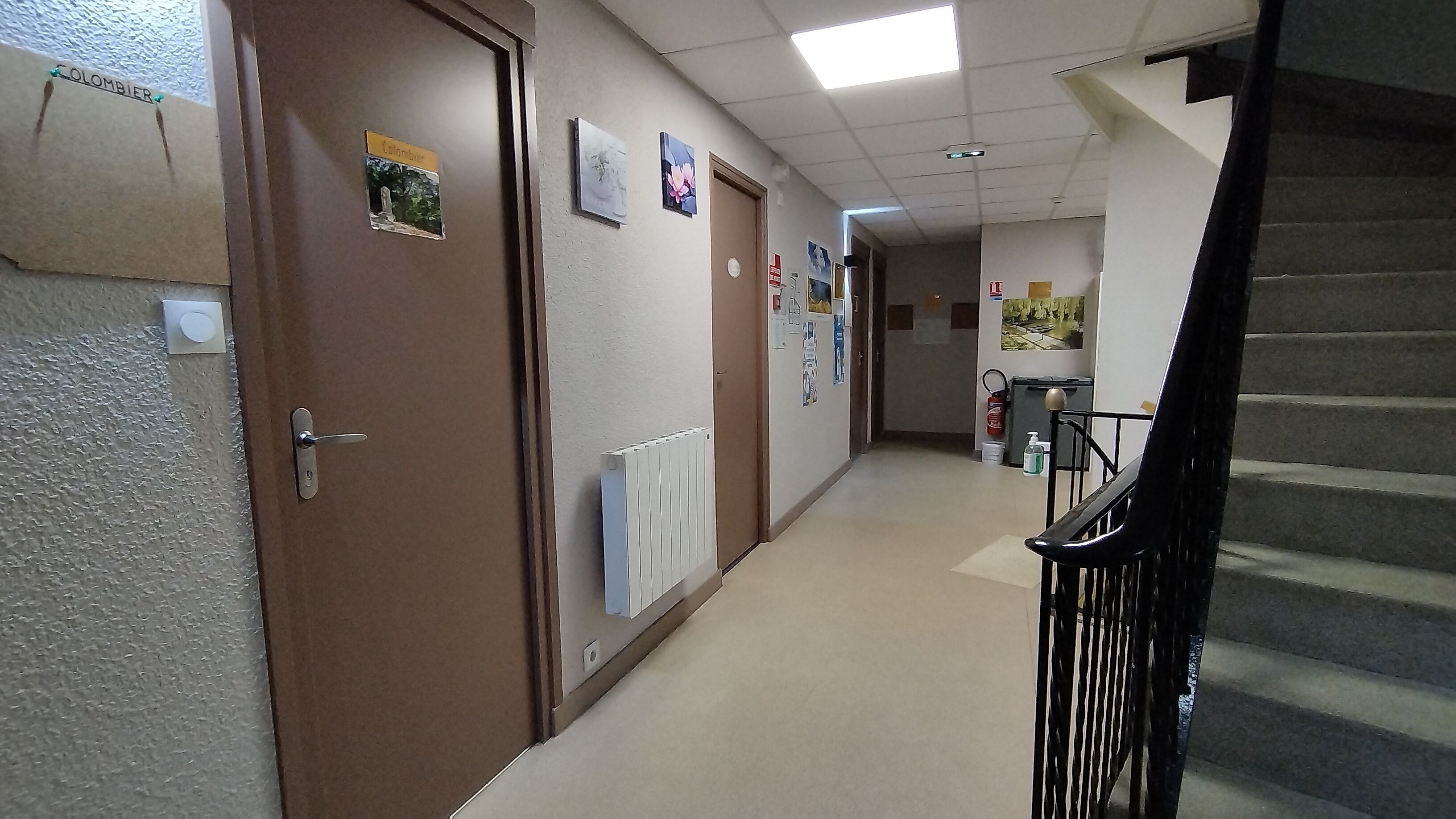 A hallway with brown doors, a white radiator, and a staircase with a black railing.